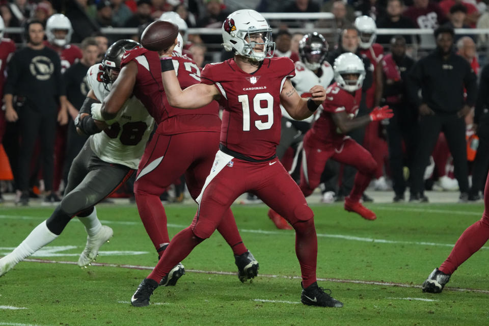 Arizona Cardinals quarterback Trace McSorley (19) throws against the Tampa Bay Buccaneers during the second half of an NFL football game, Sunday, Dec. 25, 2022, in Glendale, Ariz. The Buccaneers defeated the Cardinals 19-16 in overtime. (AP Photo/Rick Scuteri)