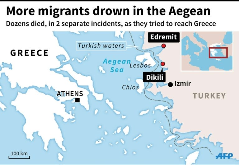 Map of Greece, Turkey and the Greek islands, locating the latest migrant drowning tragedies Monday