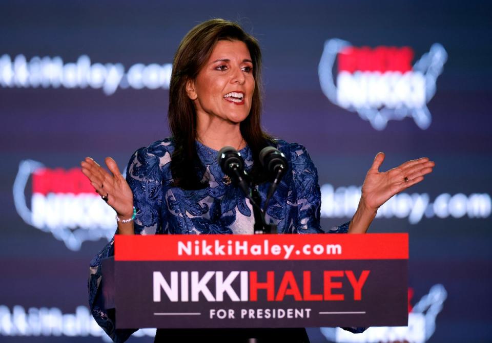 Republican presidential candidate former U.N. Ambassador Nikki Haley delivers remarks at her primary night rally at the Grappone Conference Center on January 23, 2024 in Concord, New Hampshire (Getty Images)