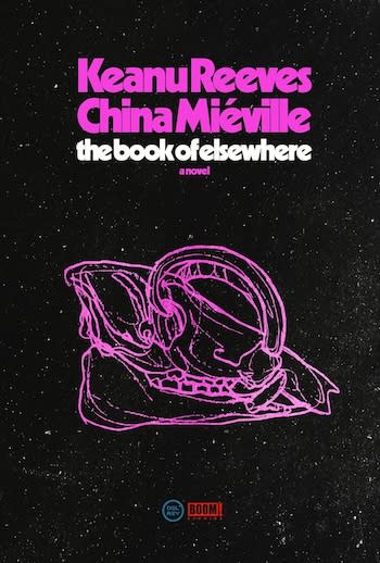 A capa de The Book of Elsewhere mostrando texto roxo neon em um fundo de espaço com um desenho de linha de link