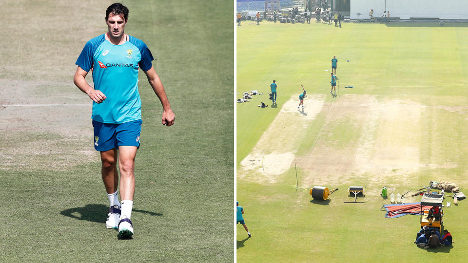 Pat Cummins, pictured here in action during a training session in Delhi ahead of the second Test against India.