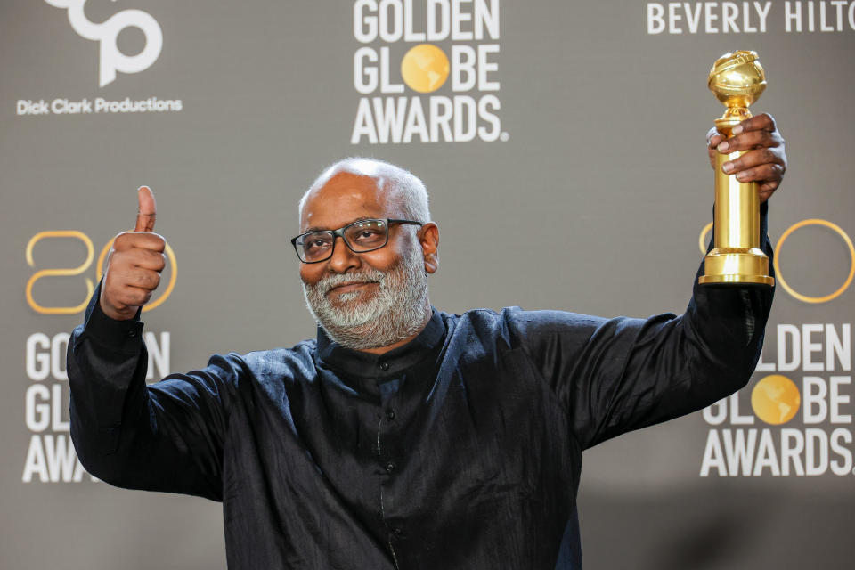 M.M Keeravani celebrates his win at the 80th Golden Globe Awards at the Beverly Hilton in Beverly Hills on Tuesday, January 10, 2023