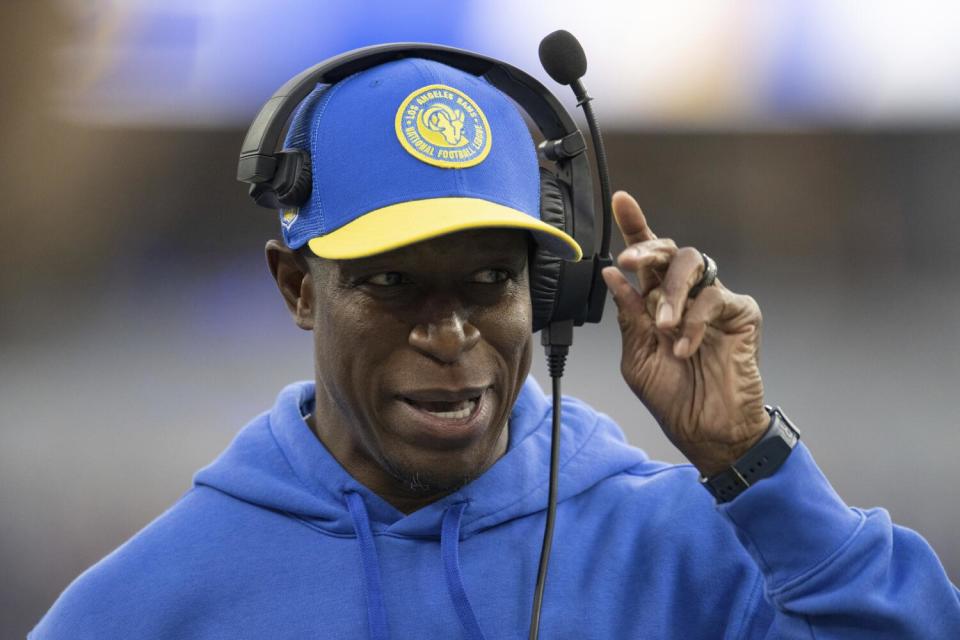 Rams defensive coordinator Raheem Morris looks across the field during a game against the Cleveland Browns on Dec. 3