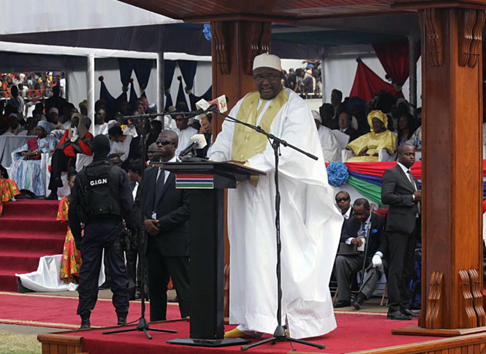 Gambia President Adama Barrow speaks during his inauguration ceremony in Banjul , Gambia, Saturday, Feb. 18, 2017. Gambia's new president thanked his nation and promised greater freedom, an improved economy and better education as thousands attended a ceremony Saturday marking his inauguration after a tense political standoff with the country's former longtime leader. (AP Photo/ Kuku Marong)