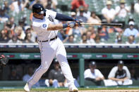 Detroit Tigers designated hitter Miguel Cabrera hits a sacrifice fly to score teammate Javier Baez from third base in the third inning of a baseball game against the Baltimore Orioles in Detroit, Sunday, May 15, 2022. (AP Photo/Lon Horwedel)