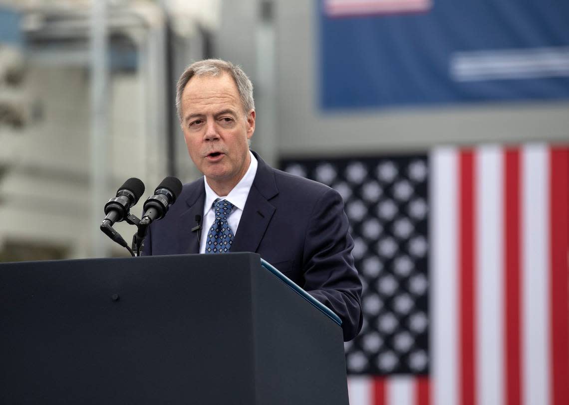 Wolfspeed CEO Gregg Lowe speaks during a visit to the company by President Joe Biden on Tuesday, March 28, 2023, in Durham, N.C.