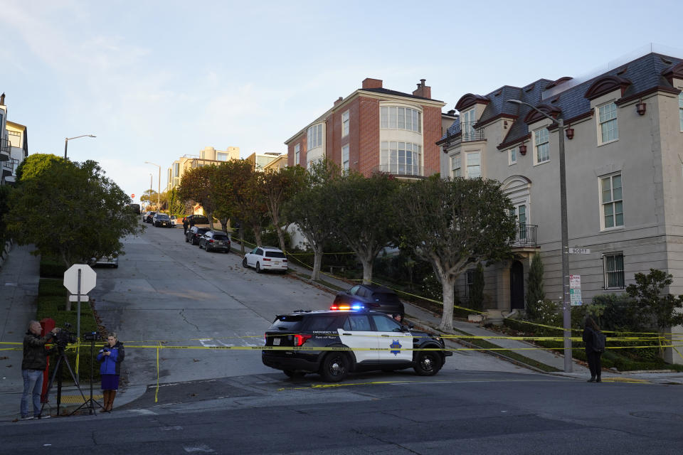 FILE - Police tape blocks a street outside the home of House Speaker Nancy Pelosi and her husband Paul Pelosi in San Francisco on Oct. 28, 2022. Opening statements are scheduled for Thursday, Nov. 8, 2023, in the federal trial of the man accused of breaking into former House Speaker Nancy Pelosi's San Francisco home seeking to kidnap her and bludgeoning her husband with a hammer. (AP Photo/Eric Risberg, File)