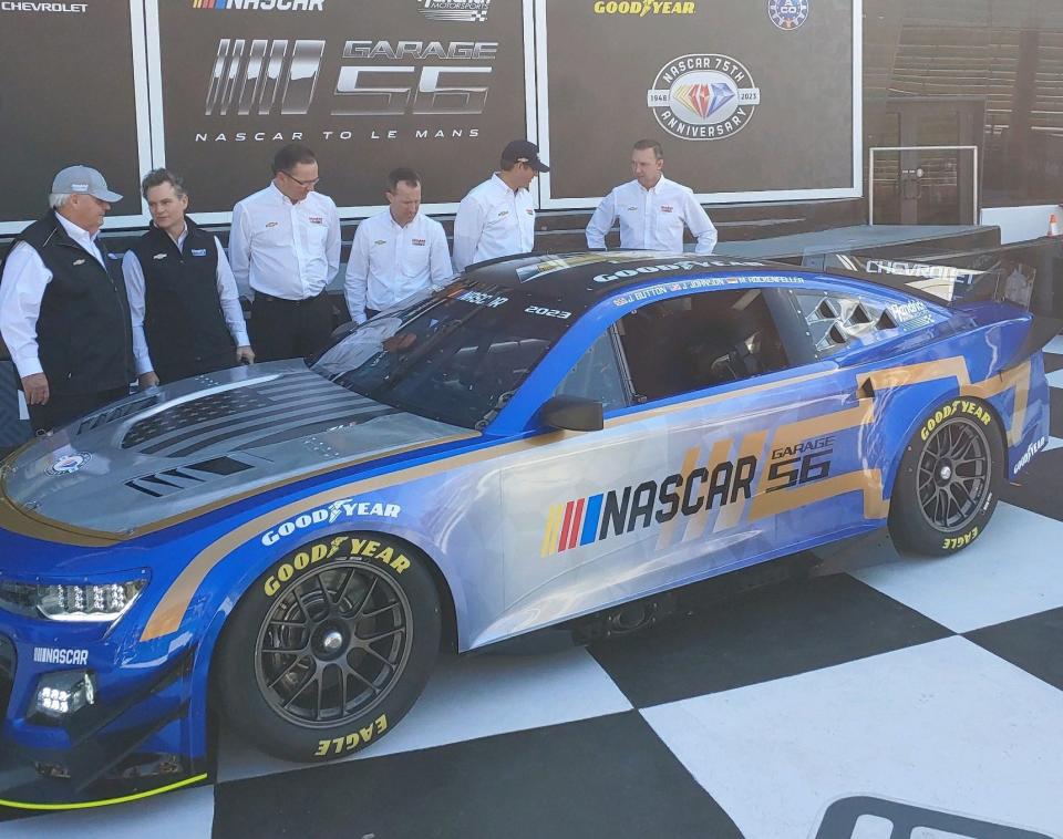 Executives from Hendrick Motorsports (including Rick Hendrick and Jeff Gordon at far left) unveiled the Garage 56 entry the team has built for NASCAR's entry in this year's 24 Hours of Le Mans.