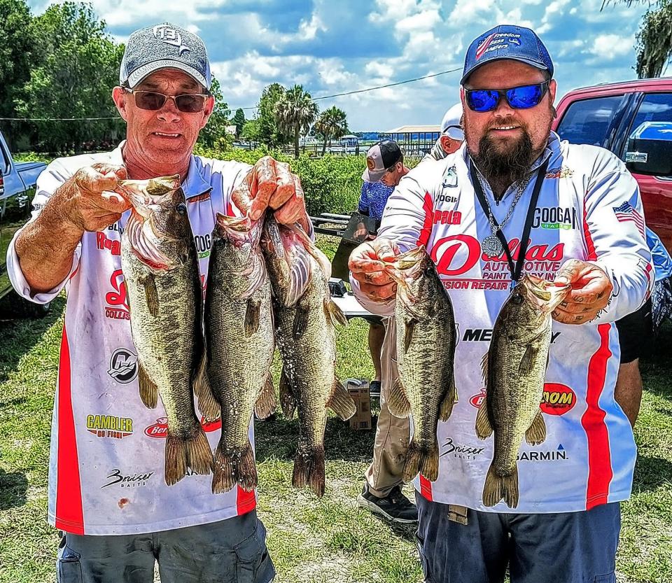 Kevin Blevins, left, and Charles Walker had 9.28 pounds to win first place in the Freedom Bass Anglers  tournament June 10 at Crooked Lake.