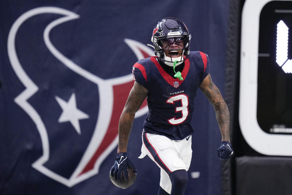 Houston Texans wide receiver Tank Dell reacts after scoring a touchdown in the final seconds of the second half of an NFL football game against the Tampa Bay Buccaneers, Sunday, Nov. 5, 2023, in Houston. (AP Photo/Eric Christian Smith)