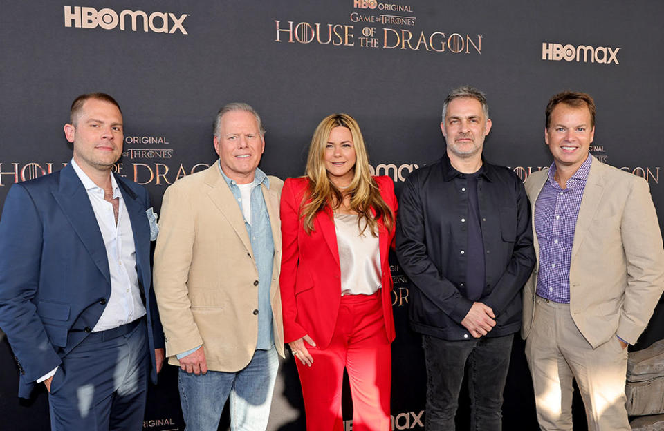 (L-R) Ryan Condal, President & Chief Executive Officer at Warner Bros. David Zaslav, EVP of HBO Programming Francesca Orsi, Miguel Sapochnik, and CCO of HBO/HBO Max Casey Bloys attend the HBO Original Drama Series "House Of The Dragon" World Premiere at Academy Museum of Motion Pictures on July 27, 2022 in Los Angeles, California.