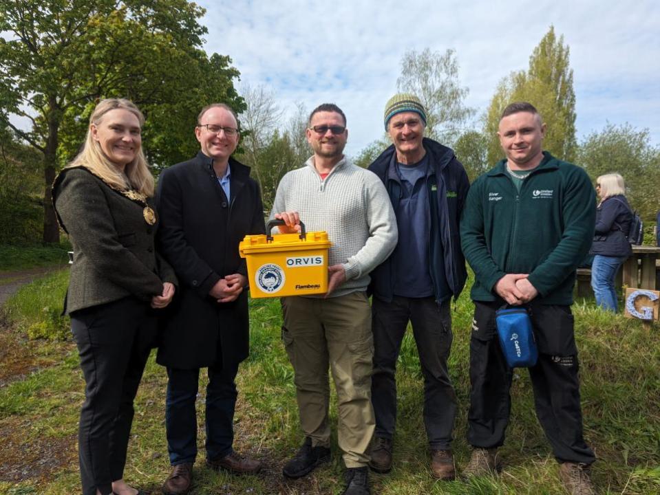 Northwich Guardian: (L to R): Northwich town mayor, Cllr Jane Thomas; parliamentary candidate, Cllr Andrew Cooper; Cllr Lee Siddall; Grozone's Pete Attwood; UU river ranger, Daniel Lynch