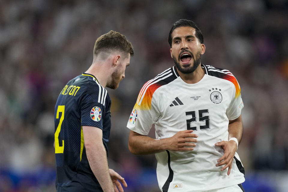 Emre Can, de Alemania, festeja tras anotar ante Escocia en el partido inaugural de la Eurocopa, el viernes 14 de junio de 2024, en Múnich (AP Foto/Antonio Calanni)