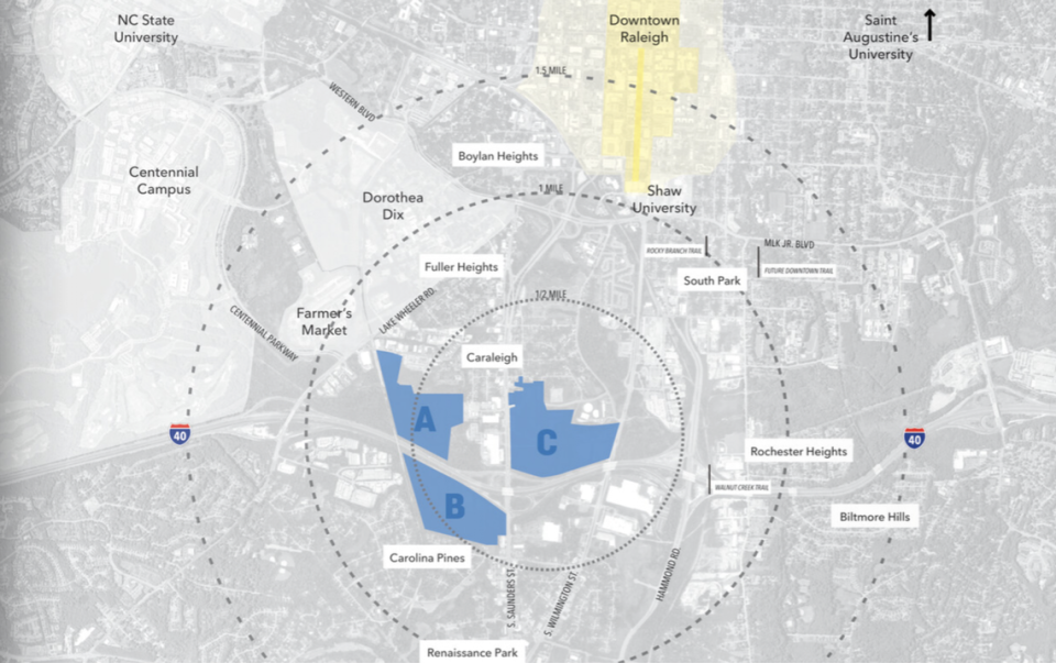 A map of the Downtown South parcels and their relationship to landmarks in Raleigh. Both high-rises will be located in “C.”