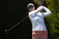 Jennifer Kupcho hits from the second tee during the fourth round of the LPGA's JM Eagle LA Championship golf tournament at Wilshire Country Club, Sunday, April 28, 2024, in Los Angeles. (AP Photo/Ashley Landis)