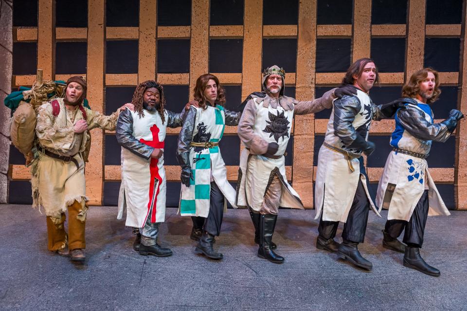 Brooks Boyett, Kyle Gipson, Dillon Kizarr, Gabe Scherman, Nels Bjork and Jason Boyett perform in Amarillo Little Theatre's production of Monty Python's "Spamalot."