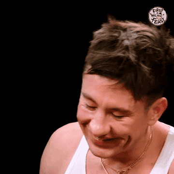 GIF of Barry Keoghan on "Hot Ones"