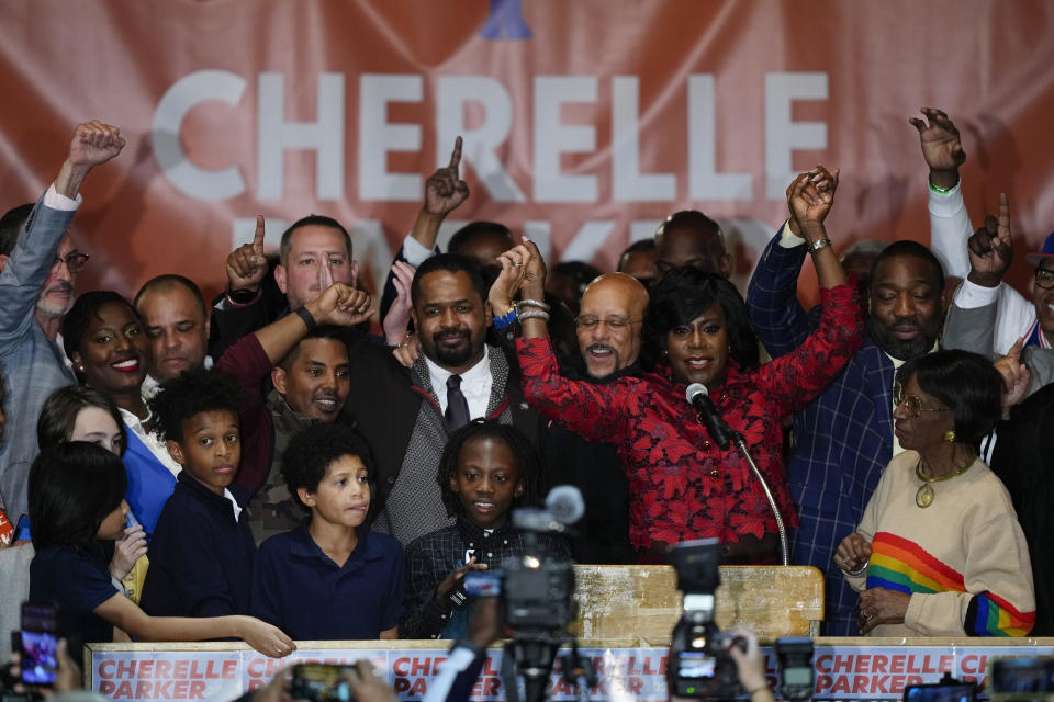 Democratic mayoral candidate Cherelle Parker speaks during an election night party in Philadelphia, Tuesday, Nov. 7, 2023. Parker has been elected as Philadelphia's 100th mayor, becoming the first woman to hold the office. (AP Photo/Matt Rourke)