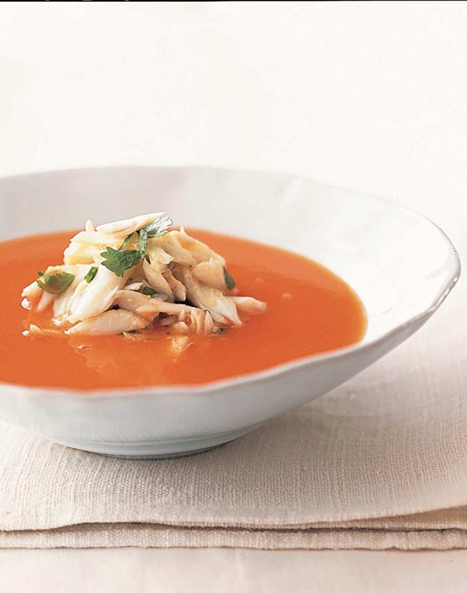 This light, spicy soup is delicious hot or chilled. The sautéed aromatics turn the broth a rich red-orange, more reminiscent of tomato than watermelon. See if your guests can guess the main ingredient. <a href="https://www.epicurious.com/recipes/food/views/thai-spiced-watermelon-soup-with-crabmeat-109630?mbid=synd_yahoo_rss" rel="nofollow noopener" target="_blank" data-ylk="slk:See recipe.;elm:context_link;itc:0;sec:content-canvas" class="link ">See recipe.</a>