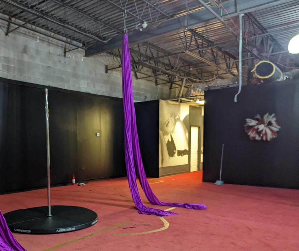 A freestanding dance pole sits between silk scarves at Millionaire Social in Charlotte.