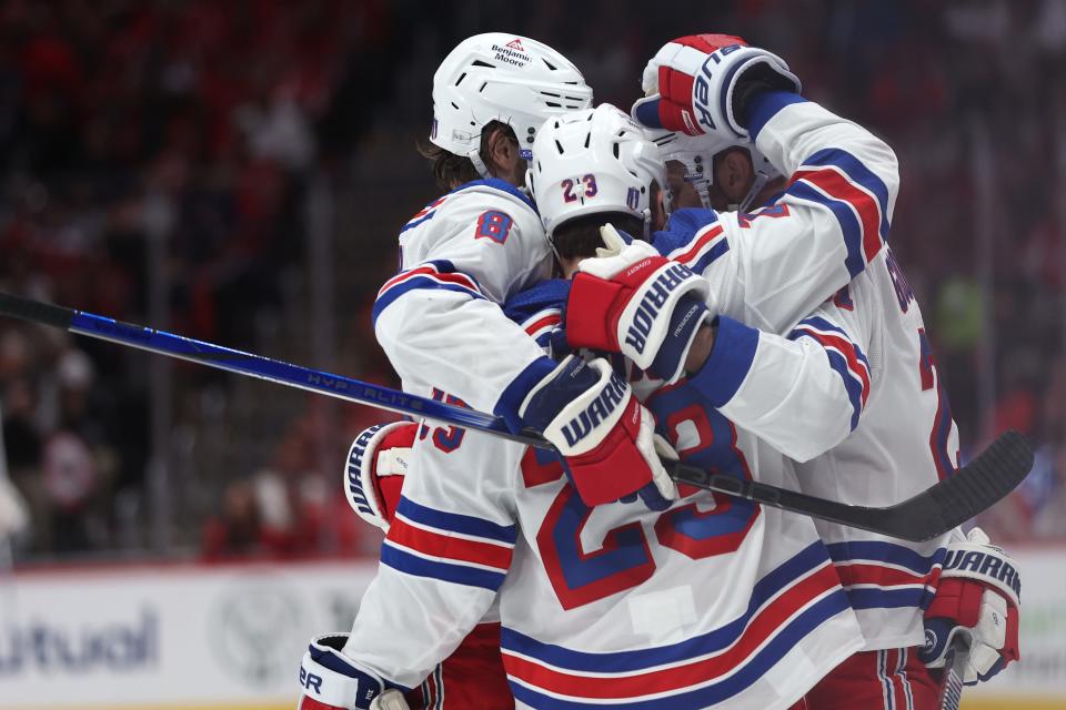 New York Rangers forward Barclay Goodrow celebrates after scoring a shorthanded goal against the Washington Capitals.