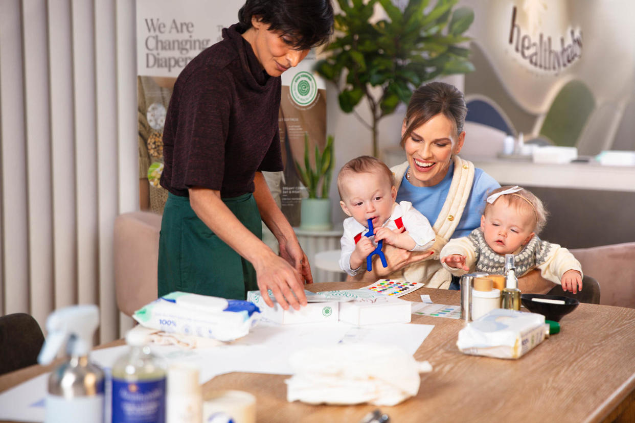 Hilary Swank with twins Ohm (left) and Aya (right) joins HealthyBaby, the baby care platform that pioneered the world's first and only EWG VERIFIED safe diapers, as chief innovation officer alongside HealthyBaby founder Shazi Visram.