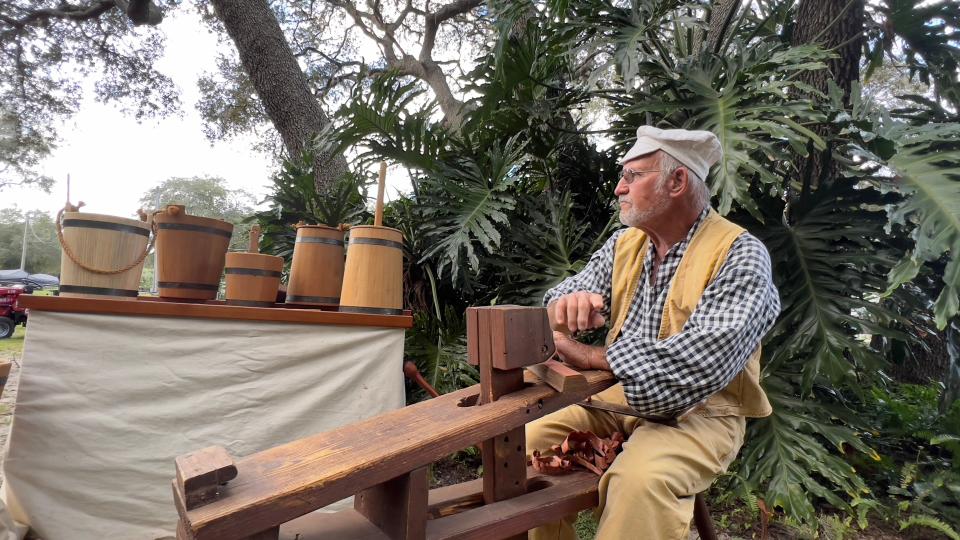 Woodworker Tom Seager at his shaving bench in Lady Lake.