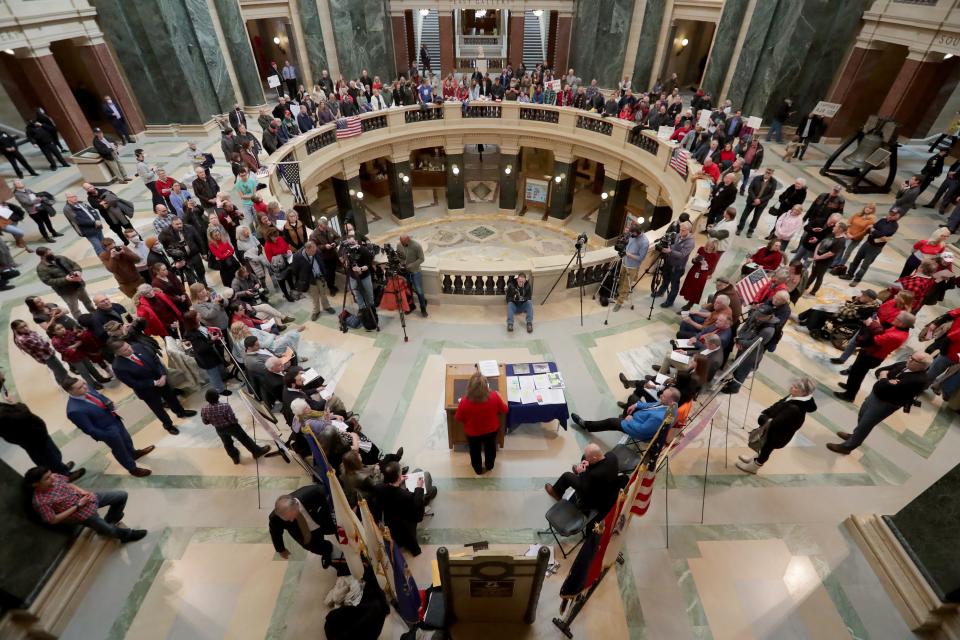 State Rep. Janel Brantjen (R-Menomonee Falls) addresses people gathered at a rally supporting the legally impossible act of overturning Wisconsin's 2020 presidential election Tuesday, February 15, 2022 at the Capitol in Madison, Wis.