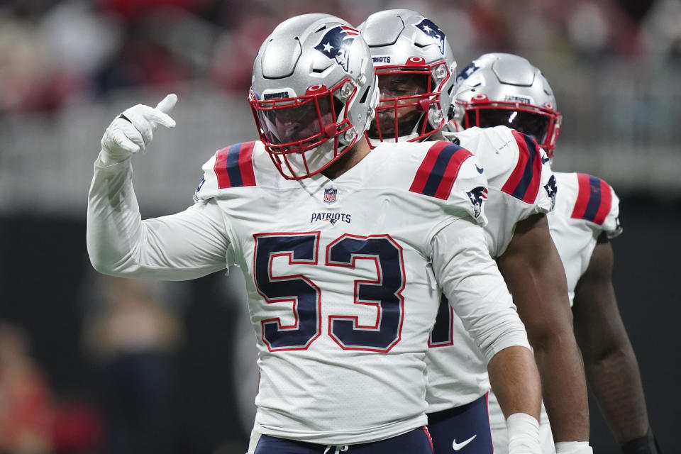 New England Patriots middle linebacker Kyle Van Noy (53) celebrates tackling Atlanta Falcons quarterback Matt Ryan during the first half of an NFL football game, Thursday, Nov. 18, 2021, in Atlanta. (AP Photo/Brynn Anderson)