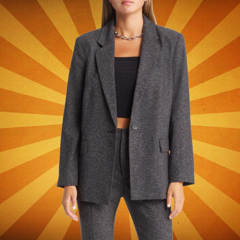 Keep things simple with this black herringbone blazer from Open Edit. Notched lapels give it a classic tailored structure while the oversized fit and textured fabric makes it a bit more casual than an everyday office blazer. Get it in sizes XXS to XL.You can buy the Open Edit blazer from Nordstrom for $79.