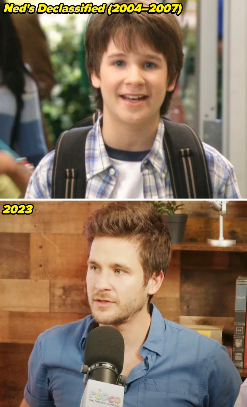 Devon in Ned's Declassified School Survival Guide from 2004–2007 and speaking into a microphone in 2023