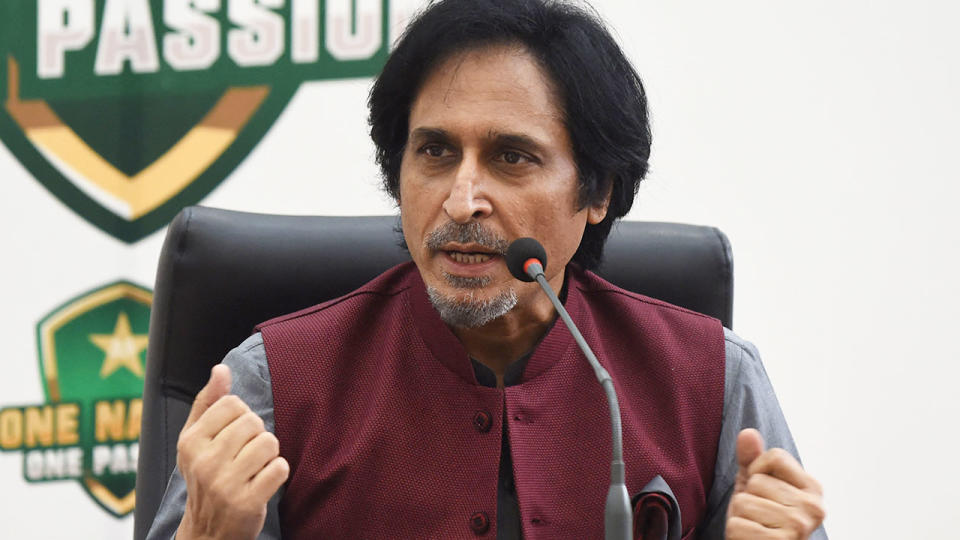 Seen here, Pakistan Cricket Board chairman Ramiz Raja speaks with the media.