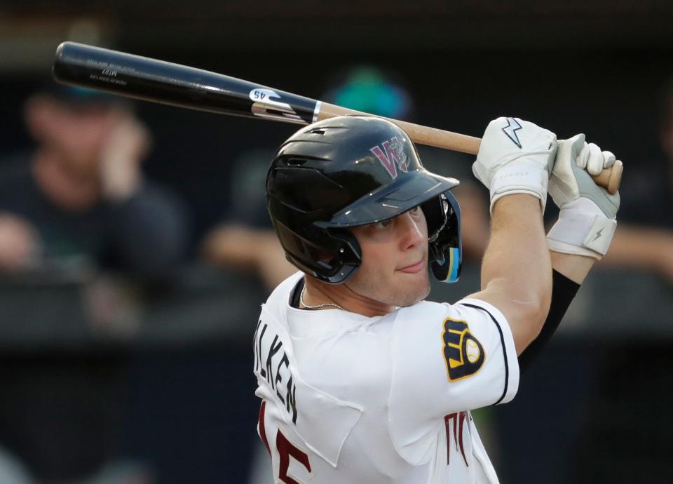 Wisconsin Timber Rattlers’ Brock Wilken (25) hits a single against the Dayton Dragons Tuesday, August 8, 2023, at Neuroscience Group Field at Fox Cities Stadium in Grand Chute, Wis.Dan Powers/USA TODAY NETWORK-Wisconsin. 