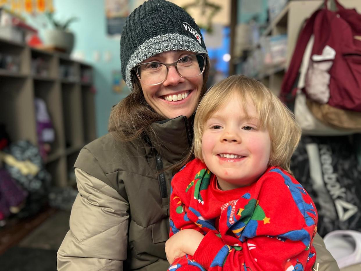 Julie Monahan and her 4-year-old son, Zander, decided to ask for boxes of cereal for the food bank instead of gifts for the youngster's birthday this year.  (George Maratos/CBC  - image credit)