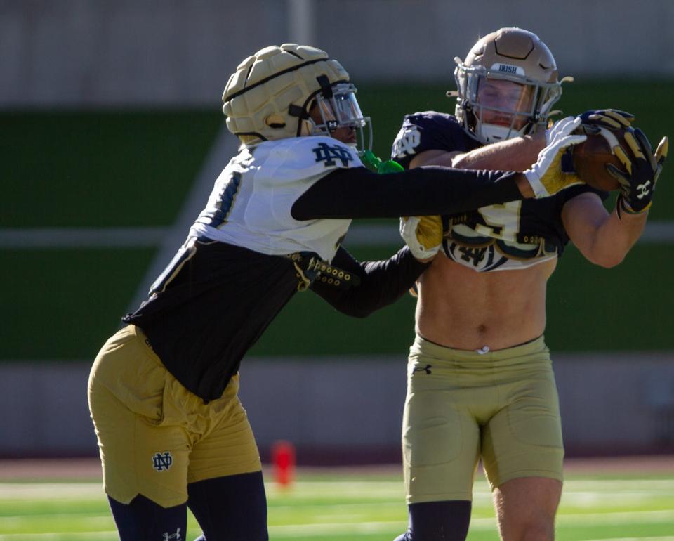 Notre Dame's Eli Raridon makes a contested catch during practice at the SAC on Dec. 26, 2023, as they prepare for the Tony the Tiger Sun Bowl against Oregon State.