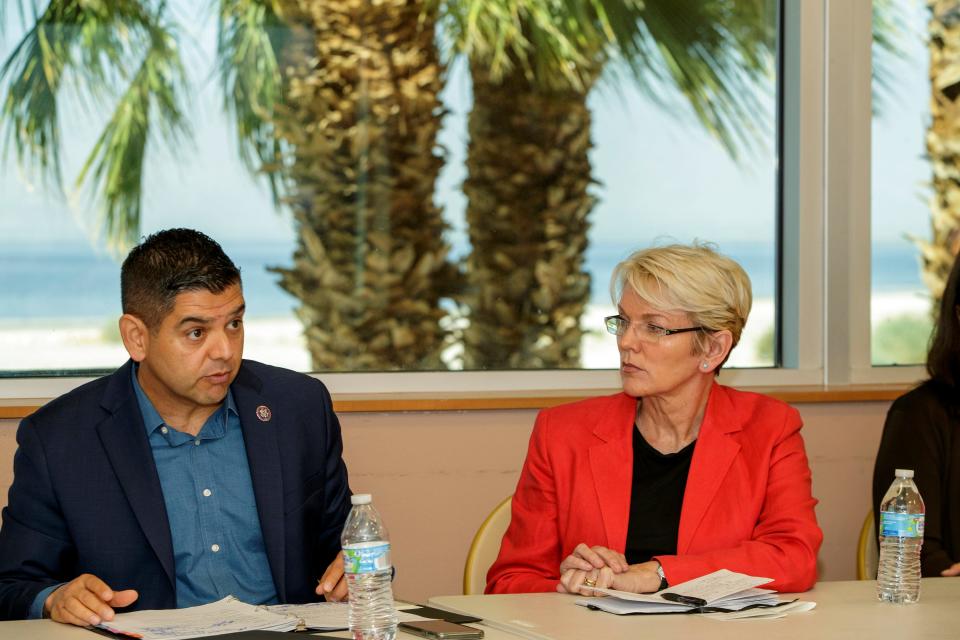 U.S. Rep. Raul Ruiz, D-La Quinta, left, and U.S. Secretary of Energy Jennifer M. Granholm hold a community listening session inside the North Shore Beach and Yacht Club in Mecca, Calif., on April 20, 2022.  