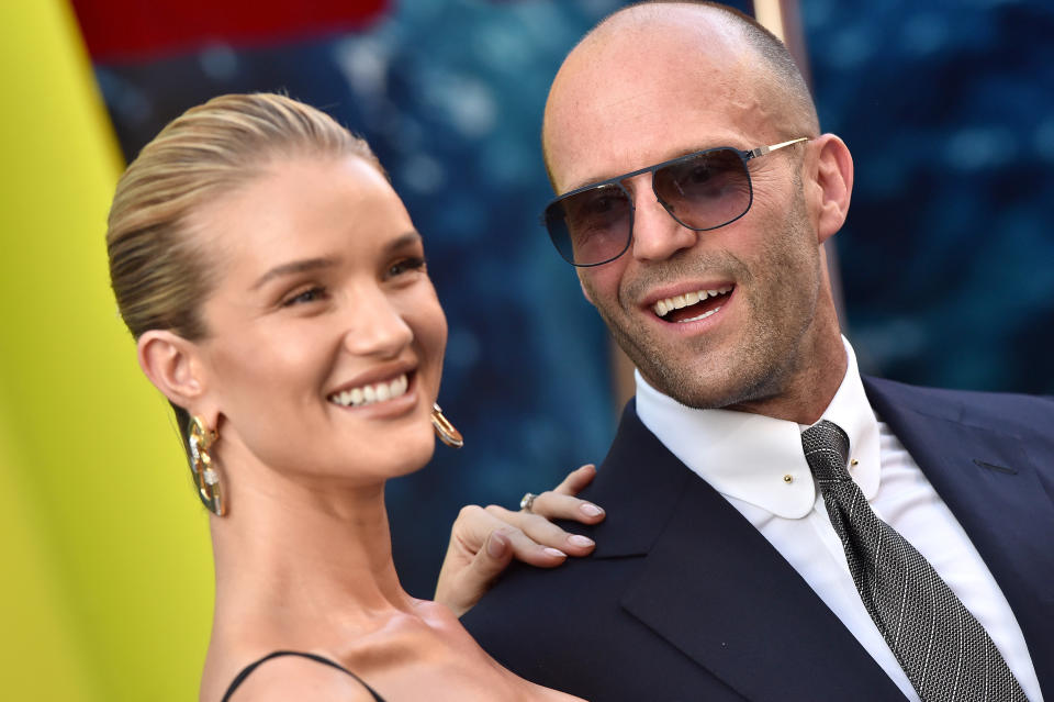 HOLLYWOOD, CA - AUGUST 06:  Rosie Huntington-Whiteley and Jason Statham attend the premiere of Warner Bros. Pictures and Gravity Pictures' 'The Meg' at TCL Chinese Theatre IMAX on August 6, 2018 in Hollywood, California.  (Photo by Axelle/Bauer-Griffin/FilmMagic)