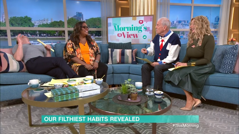 Dermot O’Leary and Allison Hammond laugh after Carol Vorderman asks how often pants need to be changed (ITV/This Morning)