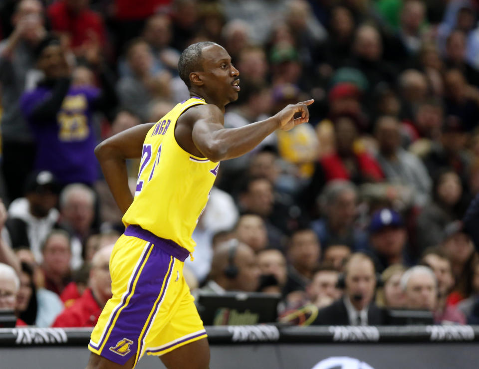 Los Angeles Lakers guard Andre Ingram heads to the other end of the court during the second half of the team's NBA basketball game against the Chicago Bulls on Tuesday, March 12, 2019, in Chicago. (AP Photo/Nuccio DiNuzzo)