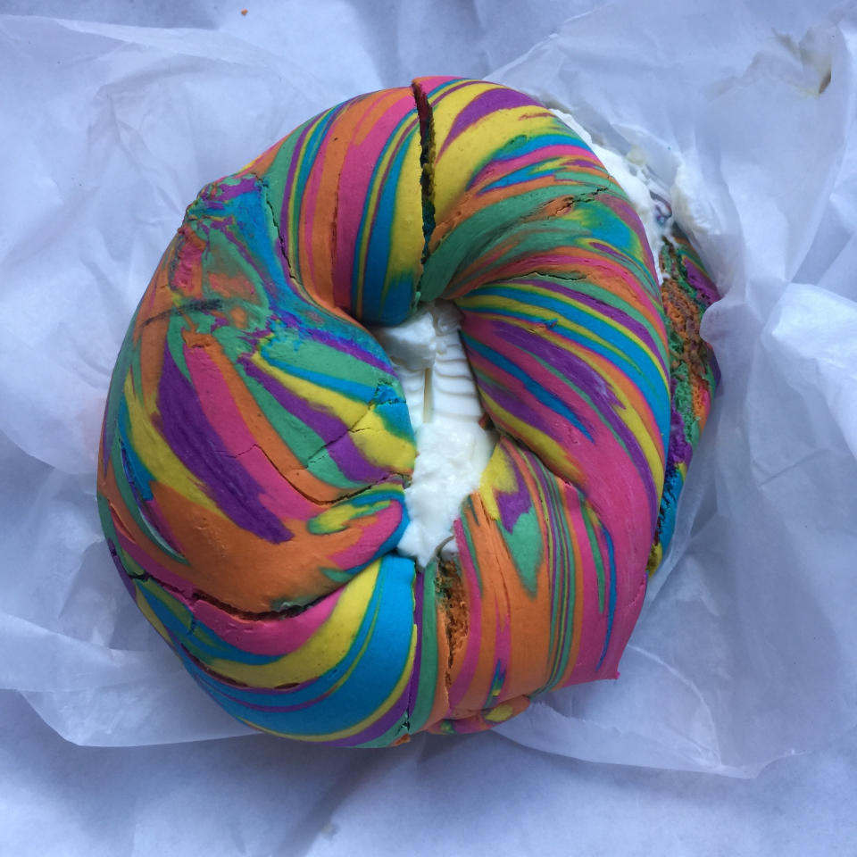 Rainbow bagel with cream cheese