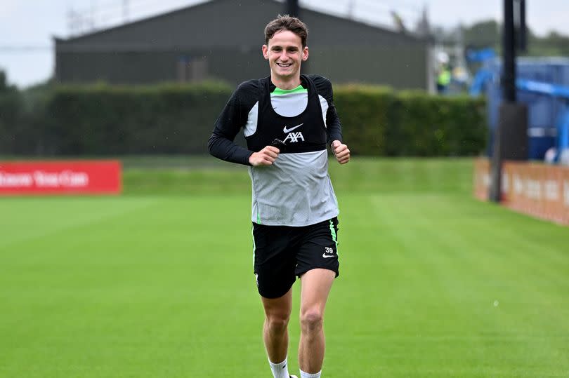 Tyler Morton of Liverpool during a training session at AXA Training Centre on July 10, 2023 in Kirkby, England.