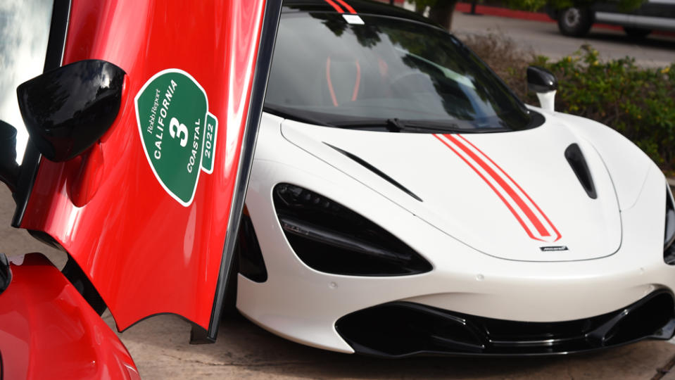 A close-up of supercars entered in Robb Report's 2022 California Coastal road rally.