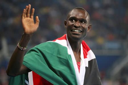 2016 Rio Olympics - Athletics - Final - Men's 800m Final - Olympic Stadium - Rio de Janeiro, Brazil - 15/08/2016. David Lekuta Rudisha (KEN) of Kenya celebrates winning the gold medal. REUTERS/Sergio Moraes TPX IMAGES OF THE DAY FOR EDITORIAL USE ONLY. NOT FOR SALE FOR MARKETING OR ADVERTISING CAMPAIGNS.