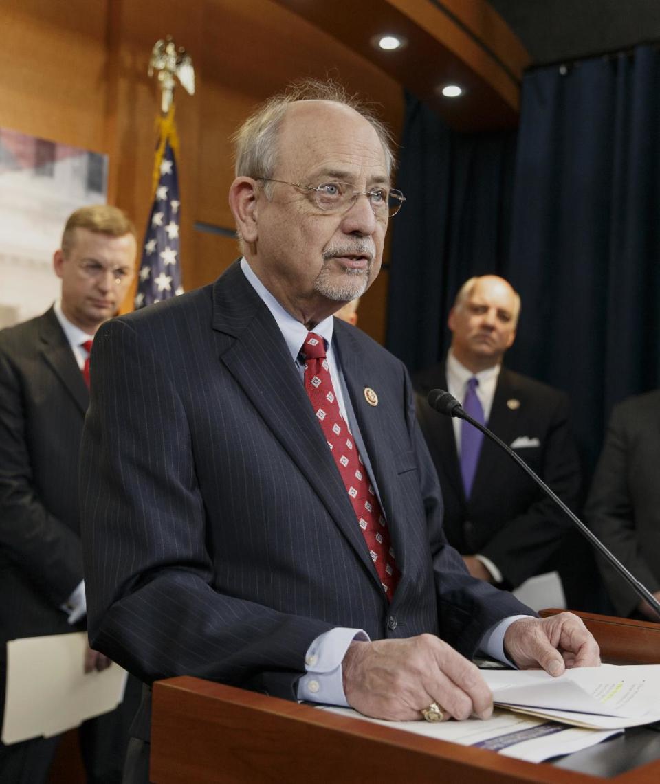 Rep. Norman "Doc" Hastings, R-Wash. discusses a new report that proposes alterations to the 40-year-old Endangered Species Act, Tuesday, Feb. 4, 2014, during a news conference on Capitol Hill in Washington. Hastings led the Endangered Species Act Congressional Working Group, a panel of House Republicans who want the law to be administered by the states to balance wildlife protection with economic development. (AP Photo/J. Scott Applewhite)