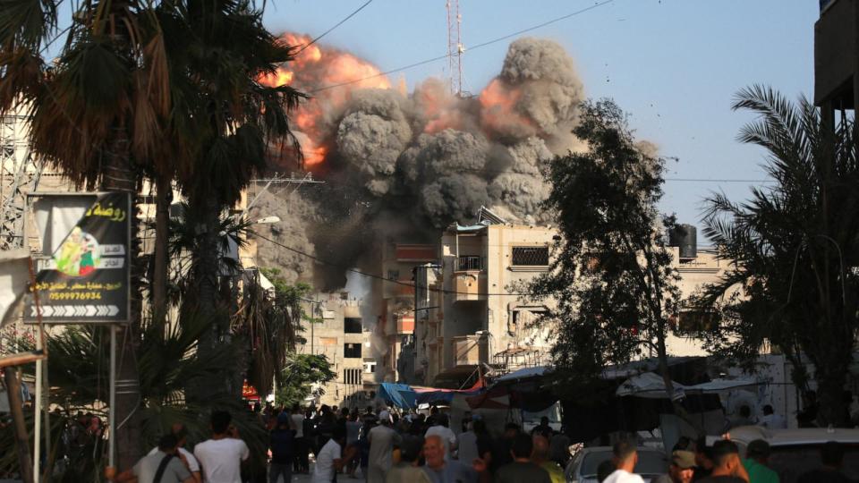 PHOTO: A ball of fire and black smoke rises moments after an Israeli air strike targeted a residential building in the city of Bureij in the central Gaza Strip, June 3, 2024. (Bashar Taleb/AFP via Getty Images)