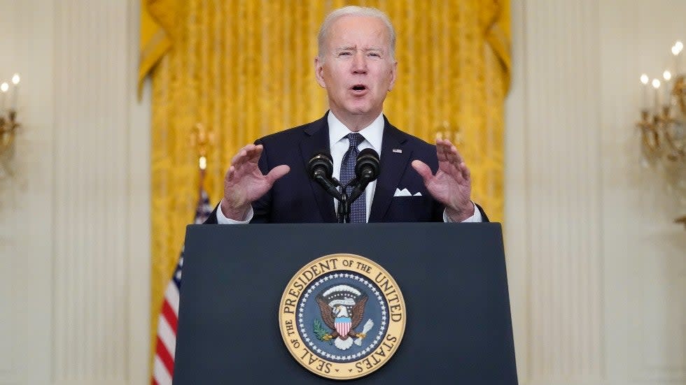 President Joe Biden speaks about Ukraine in the East Room of the White House