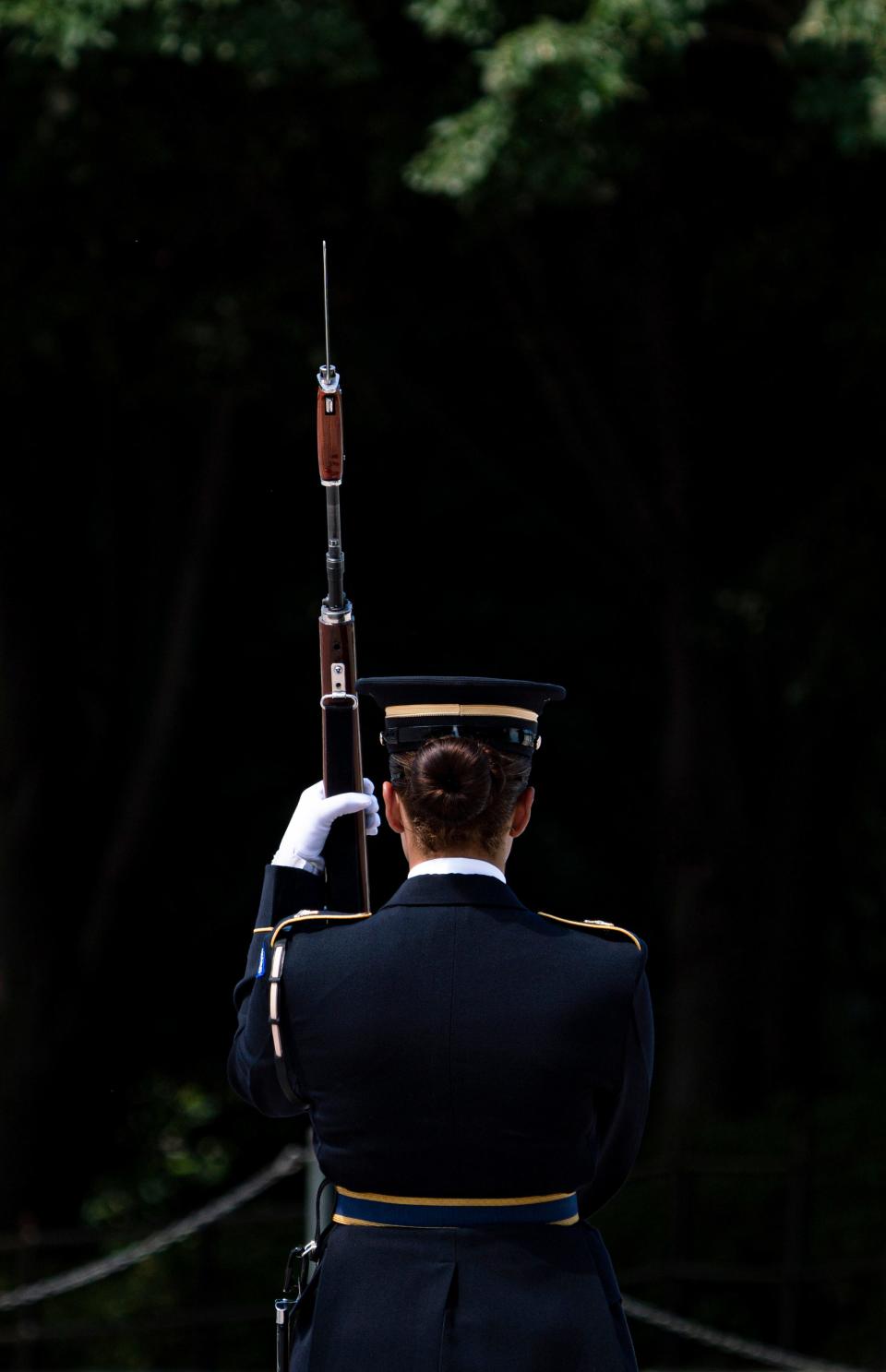 Sargent Torres, walks past the Tomb of the Unknown Solider during the changing of the guard in Arlington  National Cemetery on Thursday, May 27, 2021.