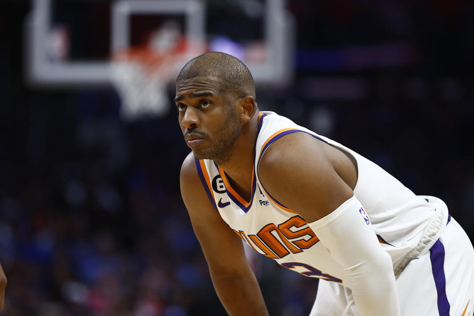 LOS ANGELES, CALIFORNIA - APRIL 20:   Chris Paul #3 of the Phoenix Suns in the second half of Game Three of the Western Conference First Round Playoffs at Crypto.com Arena on April 20, 2023 in Los Angeles, California.  NOTE TO USER: User expressly acknowledges and agrees that, by downloading and/or using this photograph, user is consenting to the terms and conditions of the Getty Images License Agreement.  (Photo by Ronald Martinez/Getty Images)