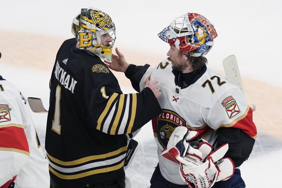 Boston Bruins' Jeremy Swayman (1) and Florida Panthers' Sergei Bobrovsky (72) talk after the Panthers defeated the Bruins in Game 6 of an NHL hockey Stanley Cup second-round playoff series, Friday, May 17, 2024, in Boston. (AP Photo/Michael Dwyer)