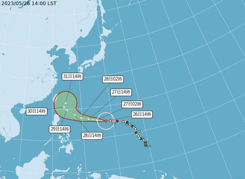 依照瑪娃颱風的路徑，最快下周一發布海警。（圖／中央氣象局）